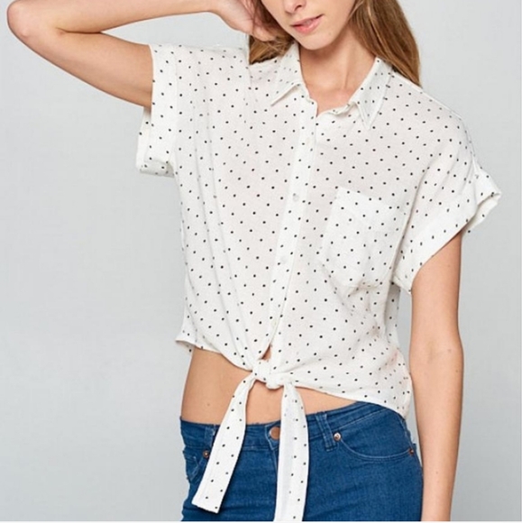 EUC polka dot tie-front cropped Ellison short sleeve gauzy cotton shirt - Picture 12 of 12